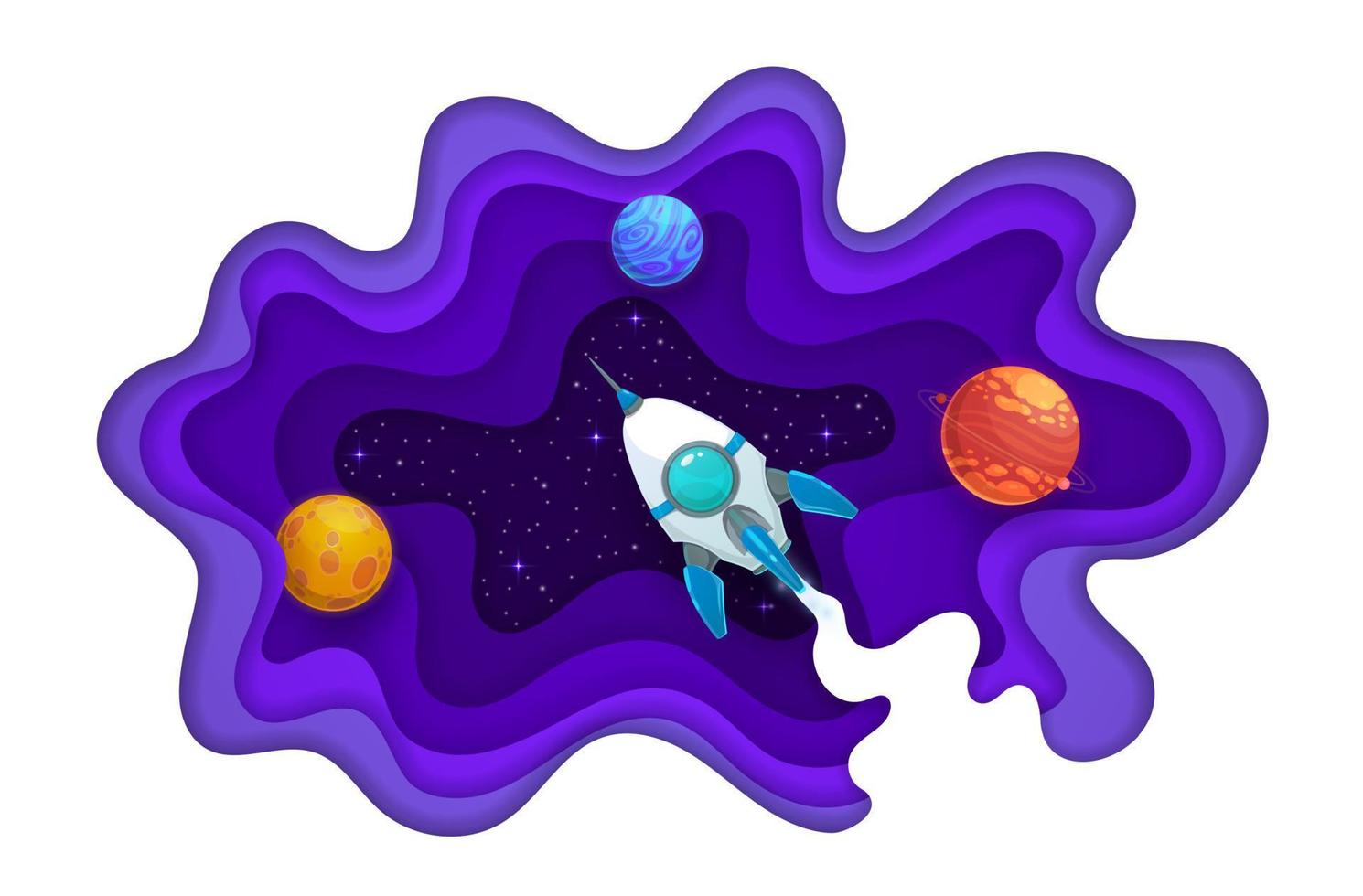 Space paper cut, rocket, planets and starry galaxy vector