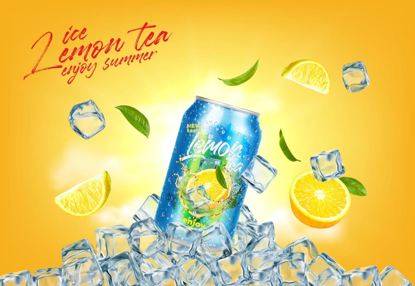 Lemon drink can with crystal ice cubes, lemon tea vector