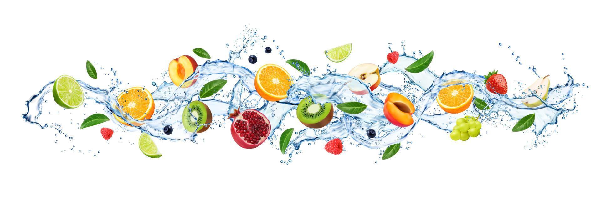 Water wave splash with fruits, juice drink berries vector