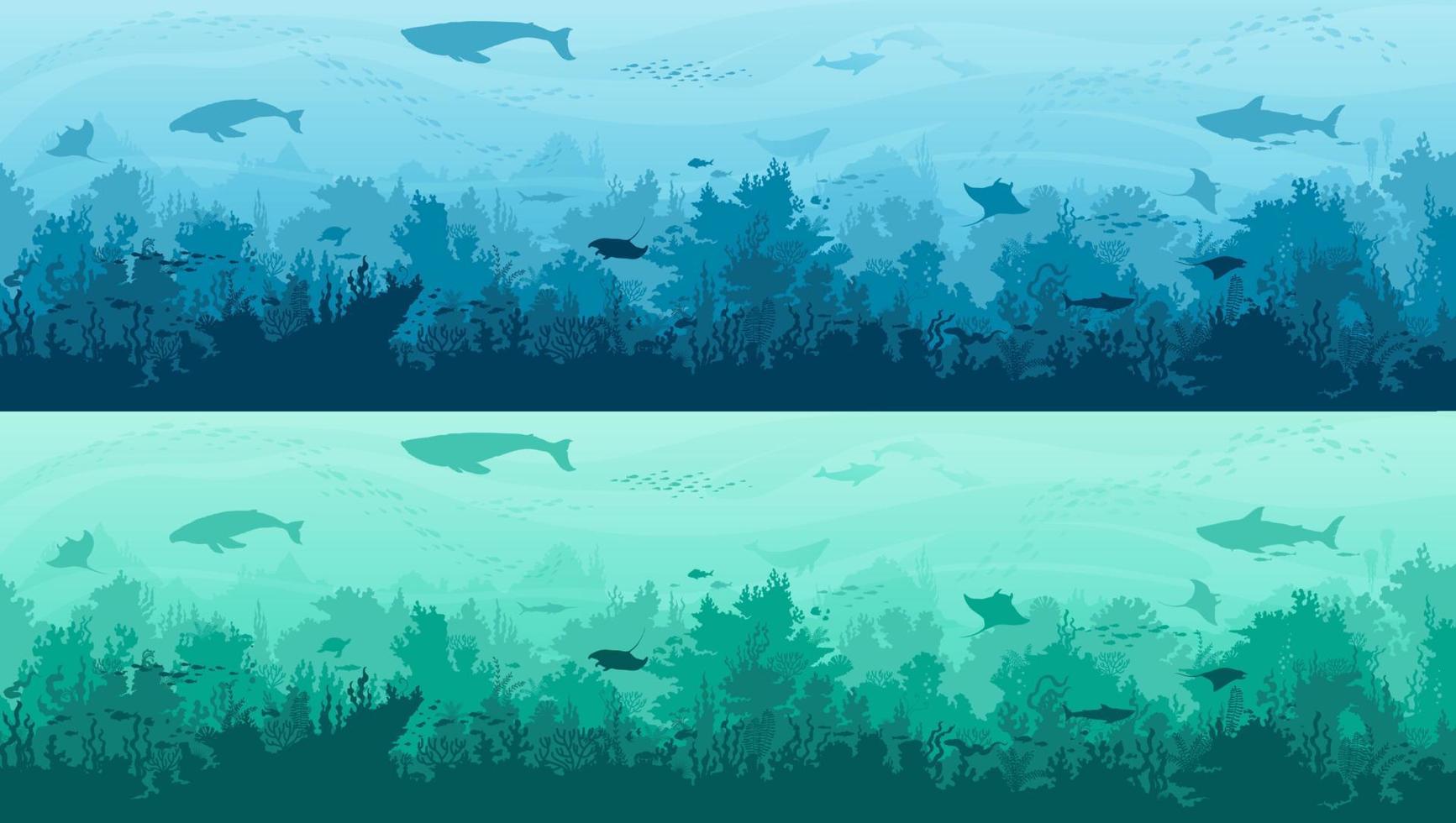 Underwater landscape silhouette, fishes background vector