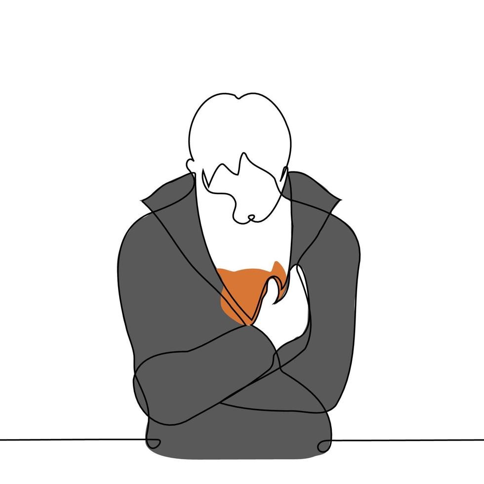 man warming ginger cat under jacket - one line drawing vector. concept find a cat, warm a street animal, foundling vector