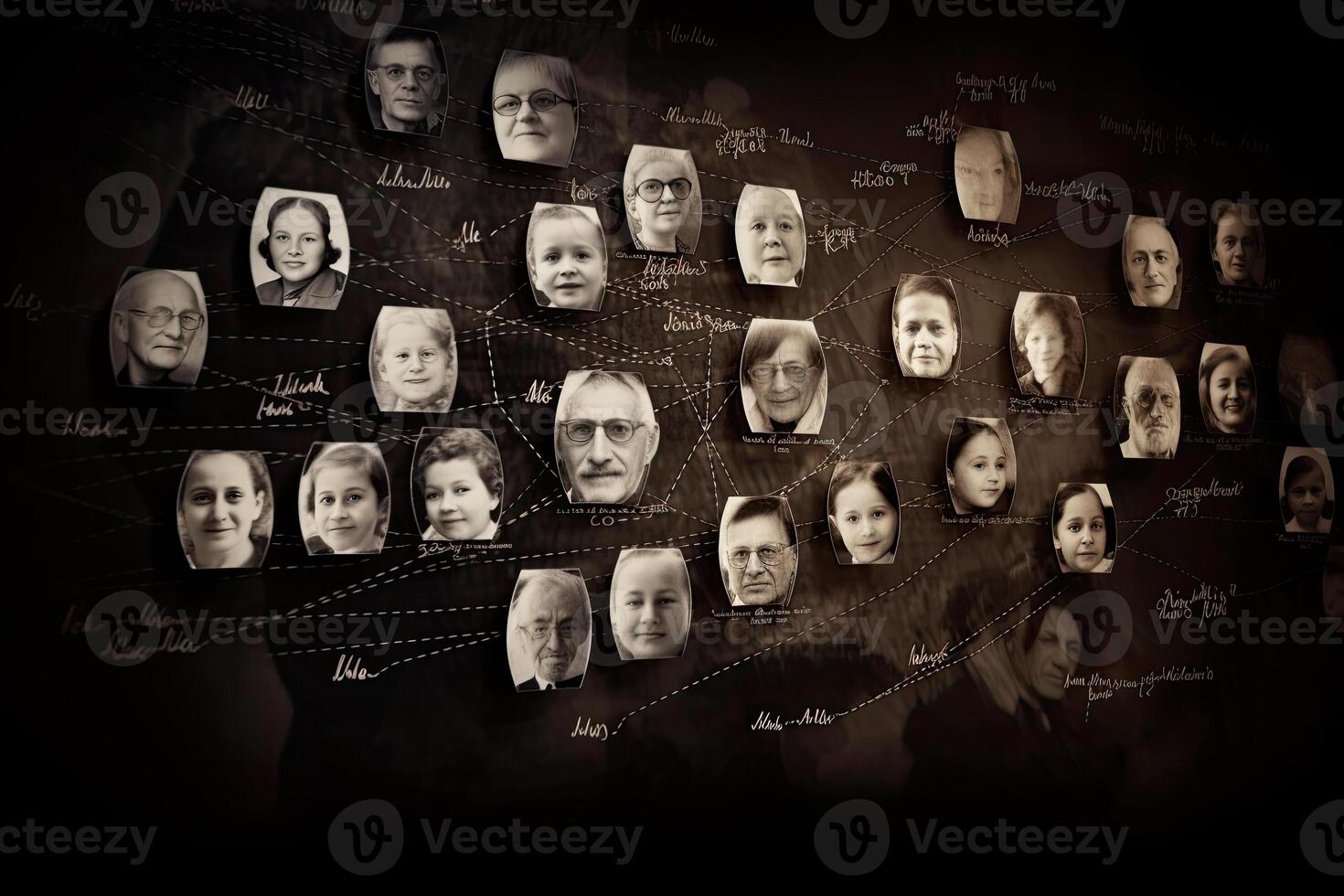 Family tree with portraits of relatives. Genealogy concept. photo