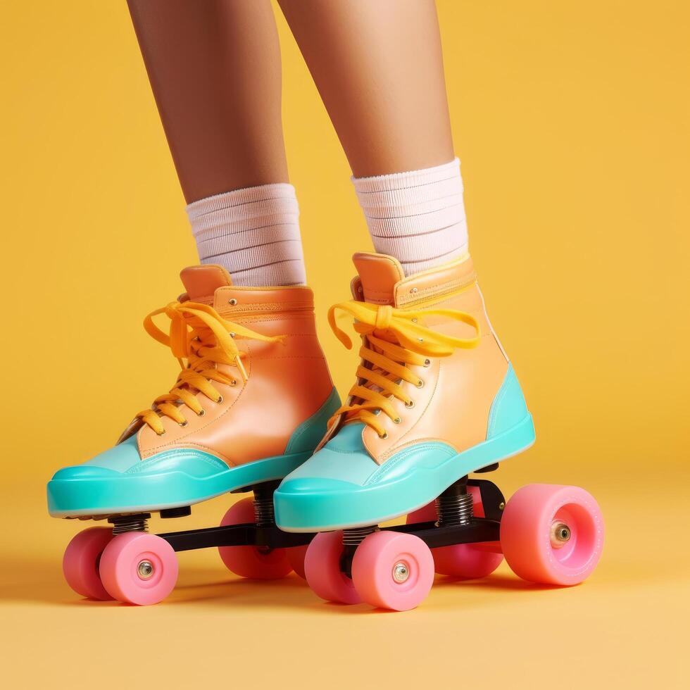 Legs wearing cute sweet with shoelaces four wheeled roller blades. Illustration photo