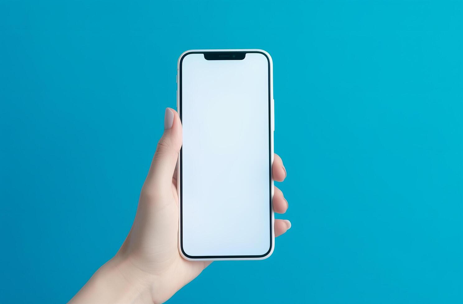 Hand with empty mockup phone on vivid background. Illustration photo