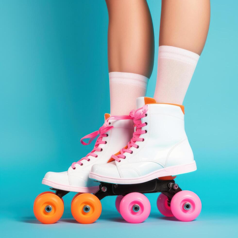 Legs wearing cute sweet with shoelaces four wheeled roller blades. Illustration photo