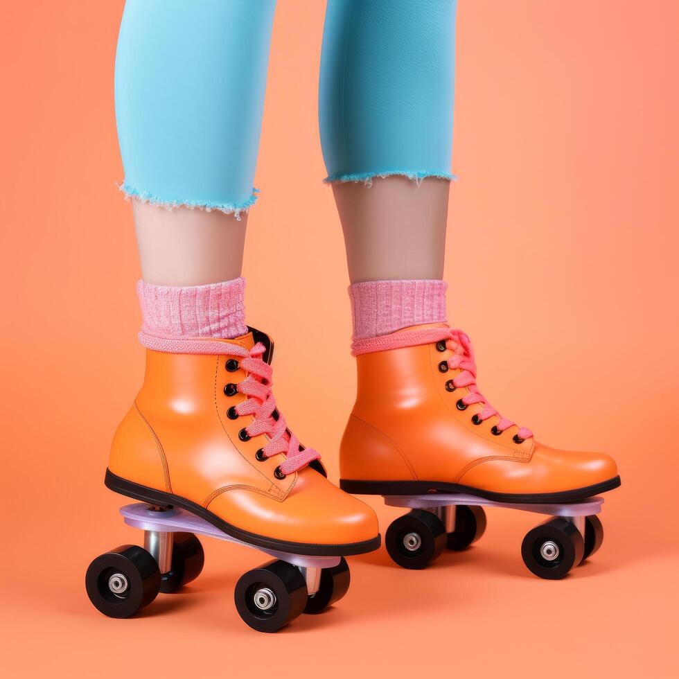 Legs wearing cute sweet with shoelaces four wheeled roller blades. Illustration photo