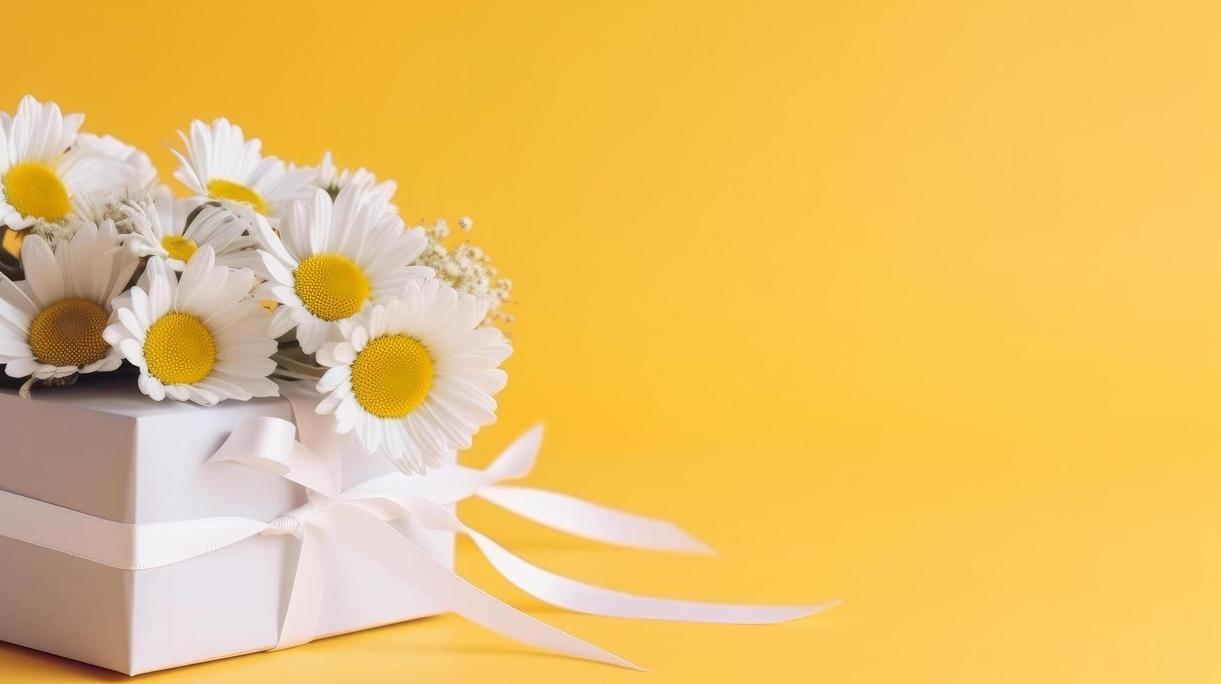 Yellow background with daisy flowers and gift box. Illustration photo