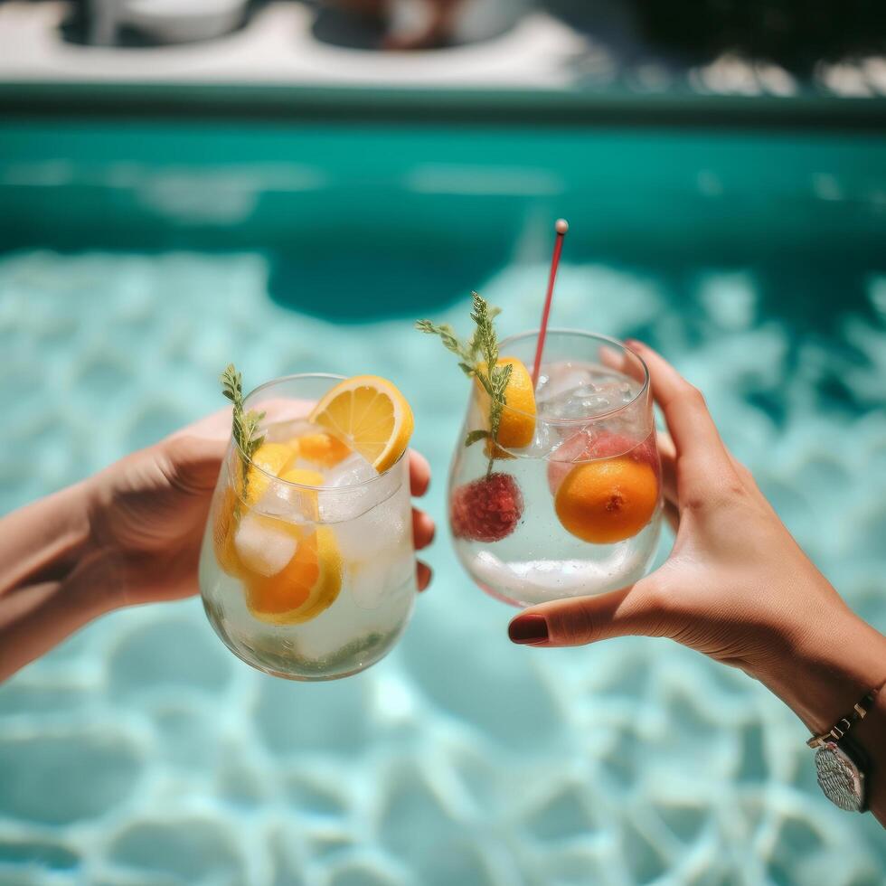 Hands with summer cocktails. Illustration photo