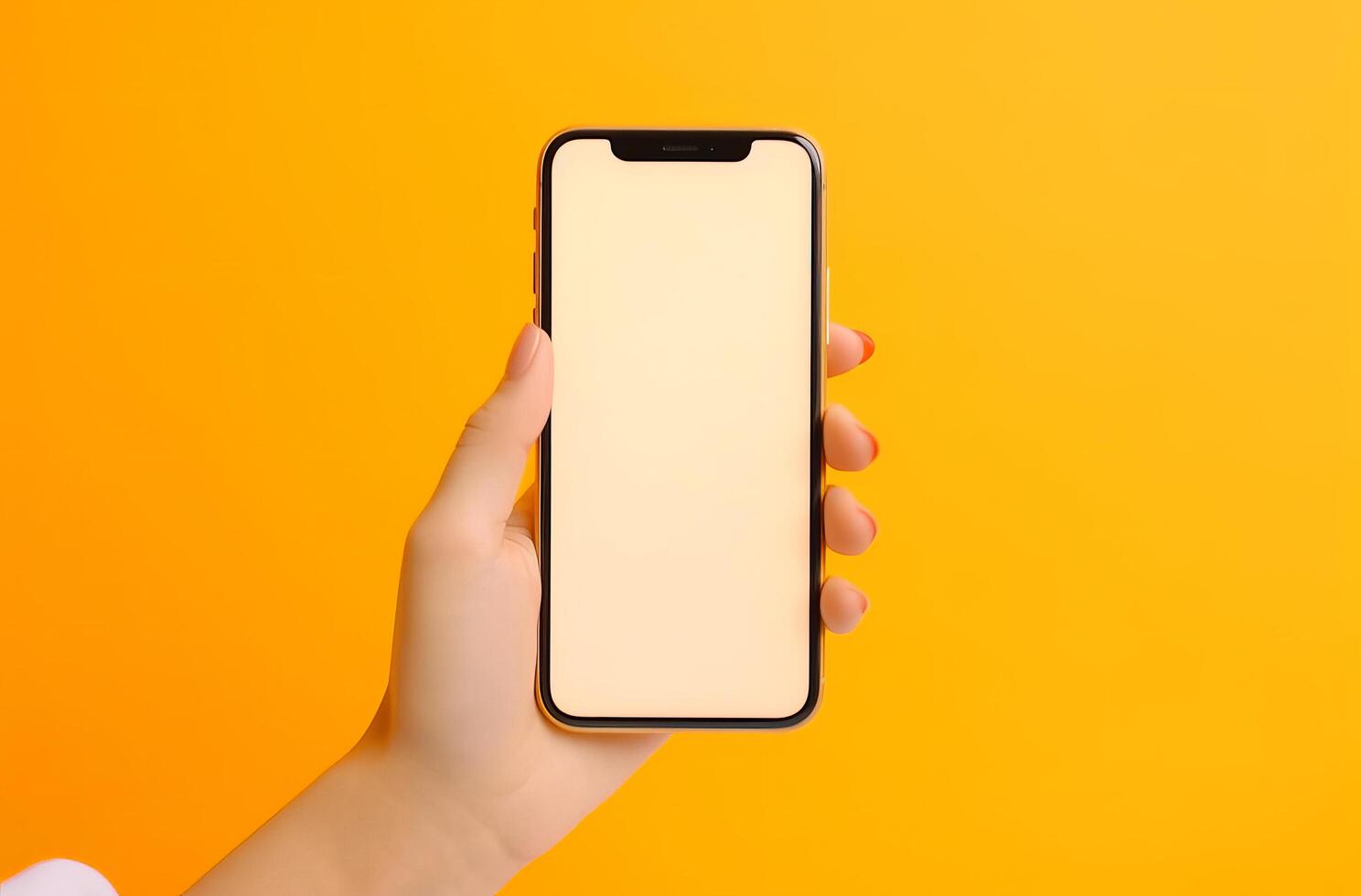 Hand with empty mockup phone on vivid background. Illustration photo