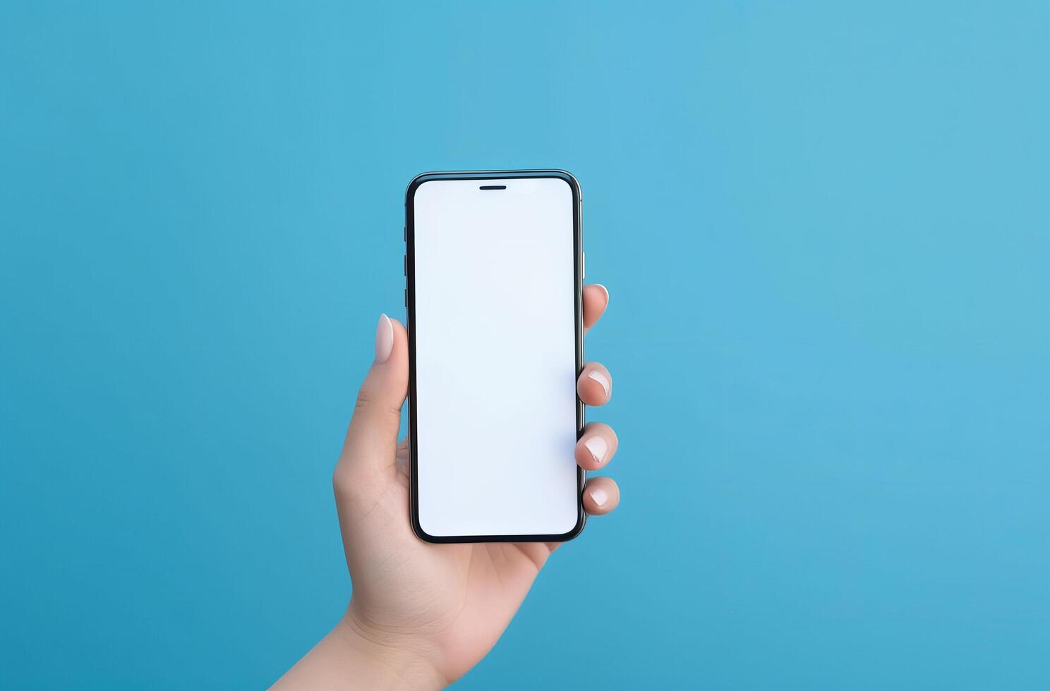 Hand with empty mockup phone on vivid background. Illustration photo