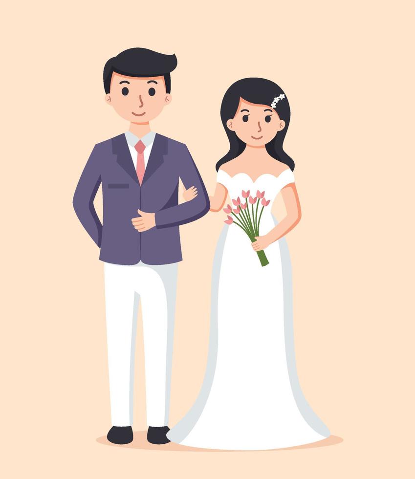 Bride in white dress and Groom in suit. Couple wedding vector illustration