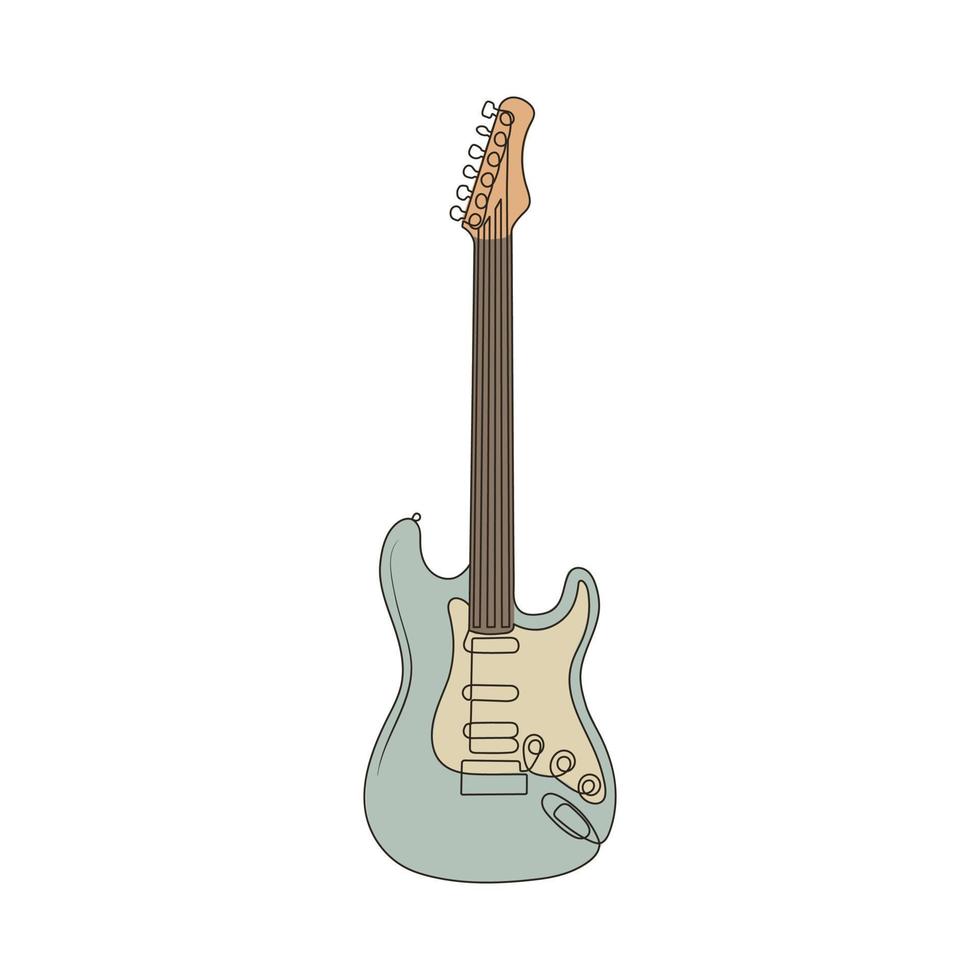 Electric guitar. Colored hand drawn music instrument. Line art vector illustration.