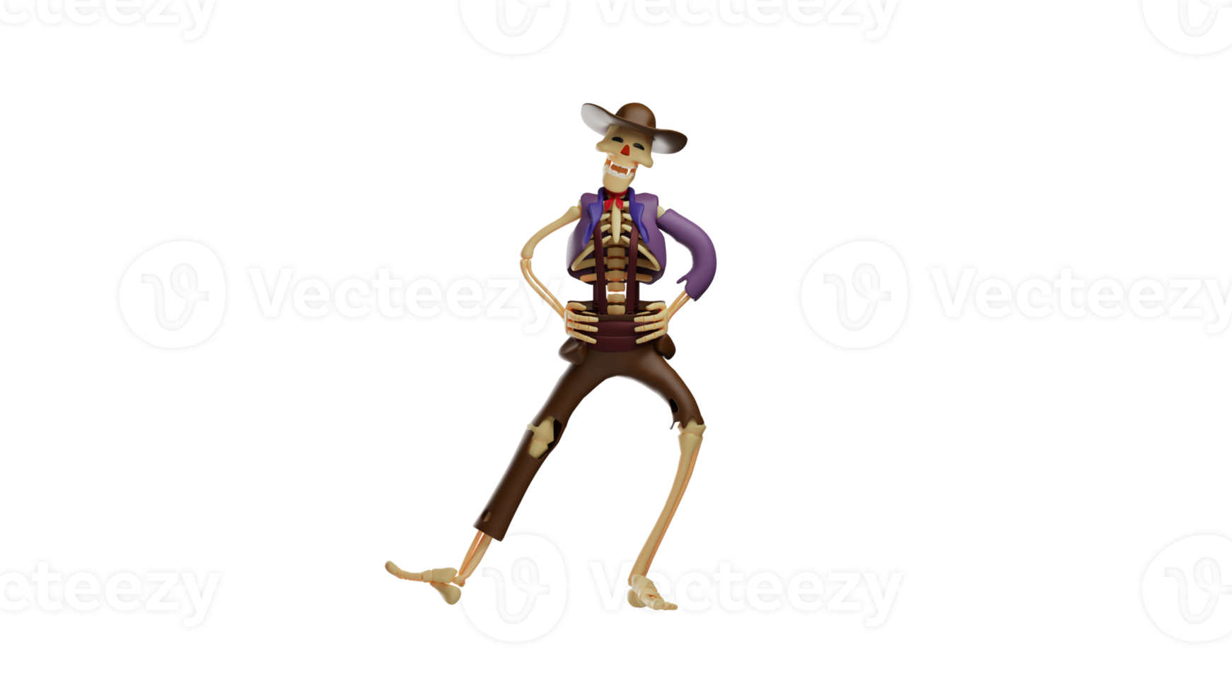 3D illustration. Cute Skull Cowboy 3D Cartoon Character. Skull Cowboy in gymnastic pose. Skull Cowboy spread his legs and placed his hands on his waist. 3d cartoon character png