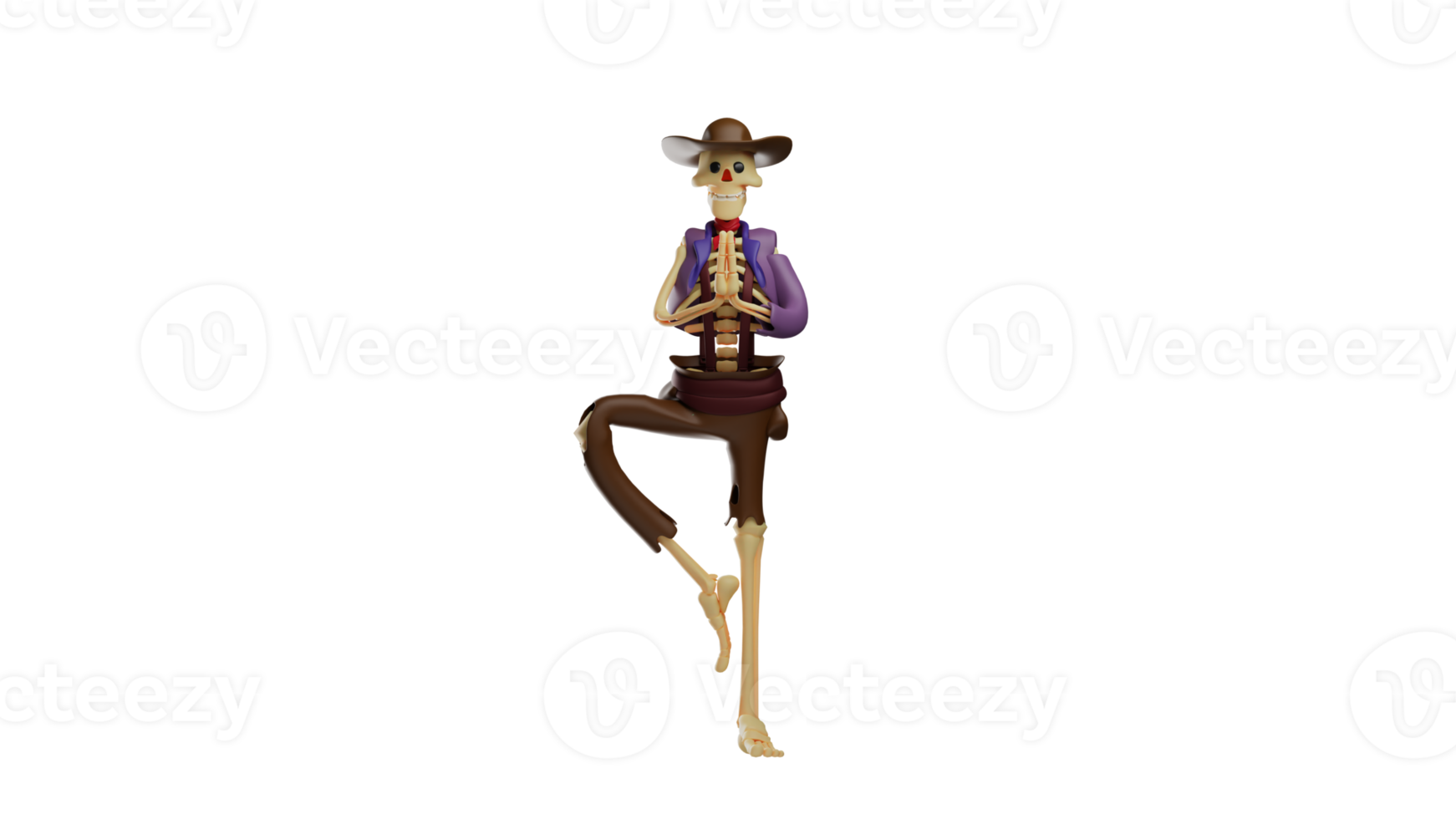 3D illustration. Unique Skull Cowboy 3D Cartoon Character. Skull Cowboy lifted one leg and clasped his hands together in front of his chest. Skull cowboy in yoga pose. 3d cartoon character png