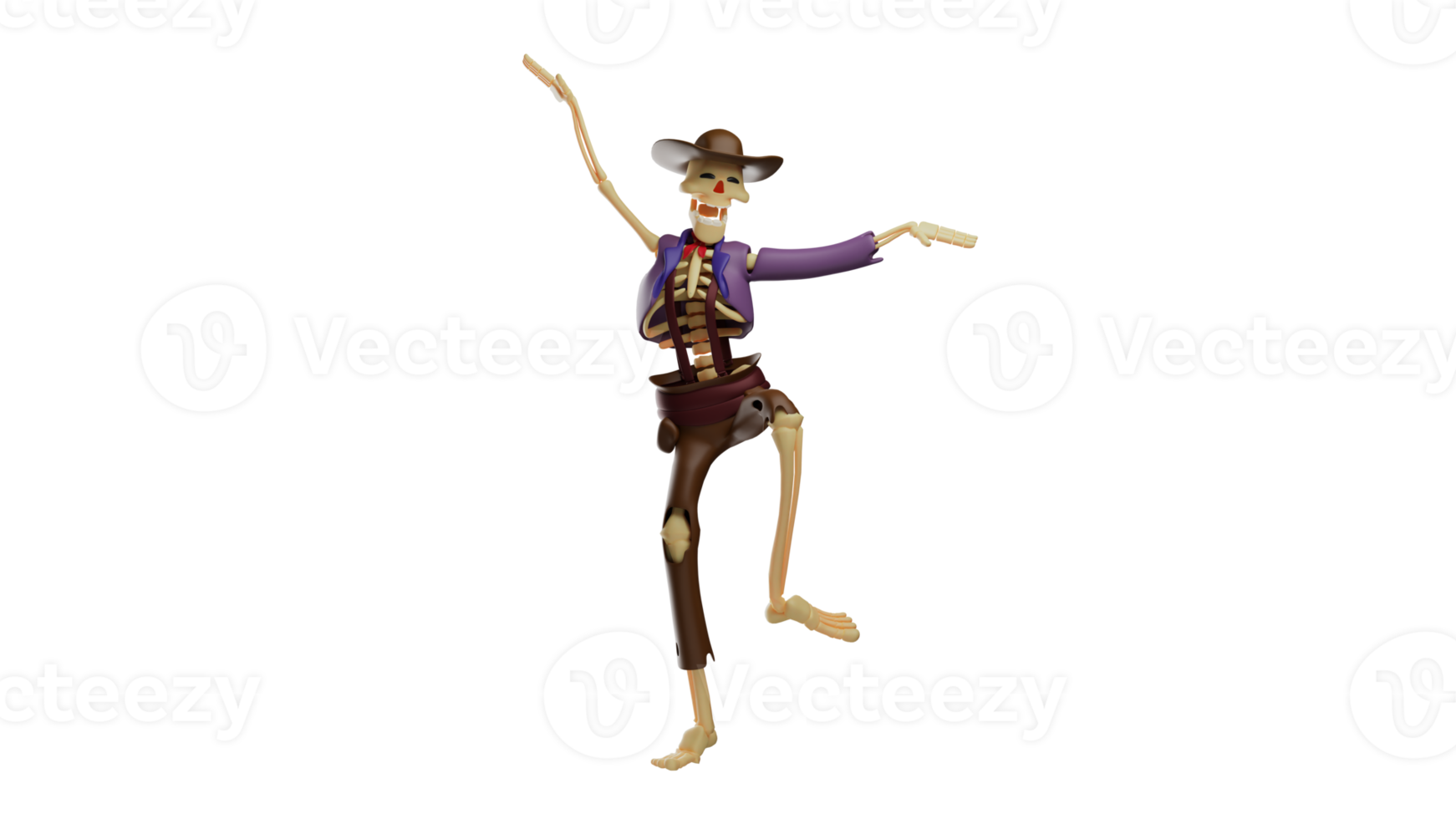 3D illustration. Charming Skull Cowboy 3D Cartoon Character. Skeleton Cowboy showing off his kung fu moves. Skull Cowboy mastered martial arts moves. 3d cartoon character png