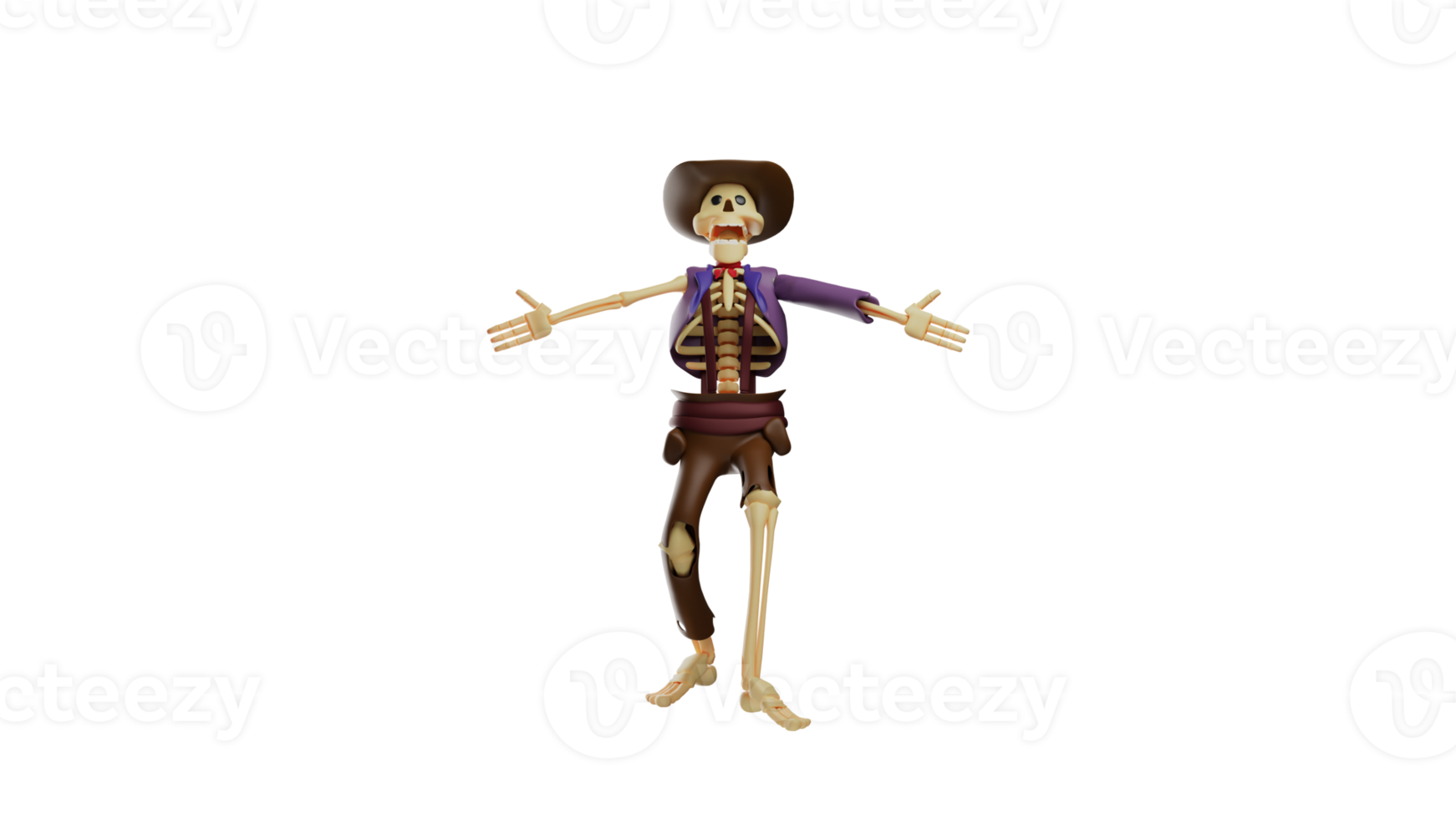 3D illustration. Cheerful Skull Cowboy 3D Cartoon Character. Skull Cowboy spread out his arms. Skull Cowboy was so excited to scream loudly. 3d cartoon character png