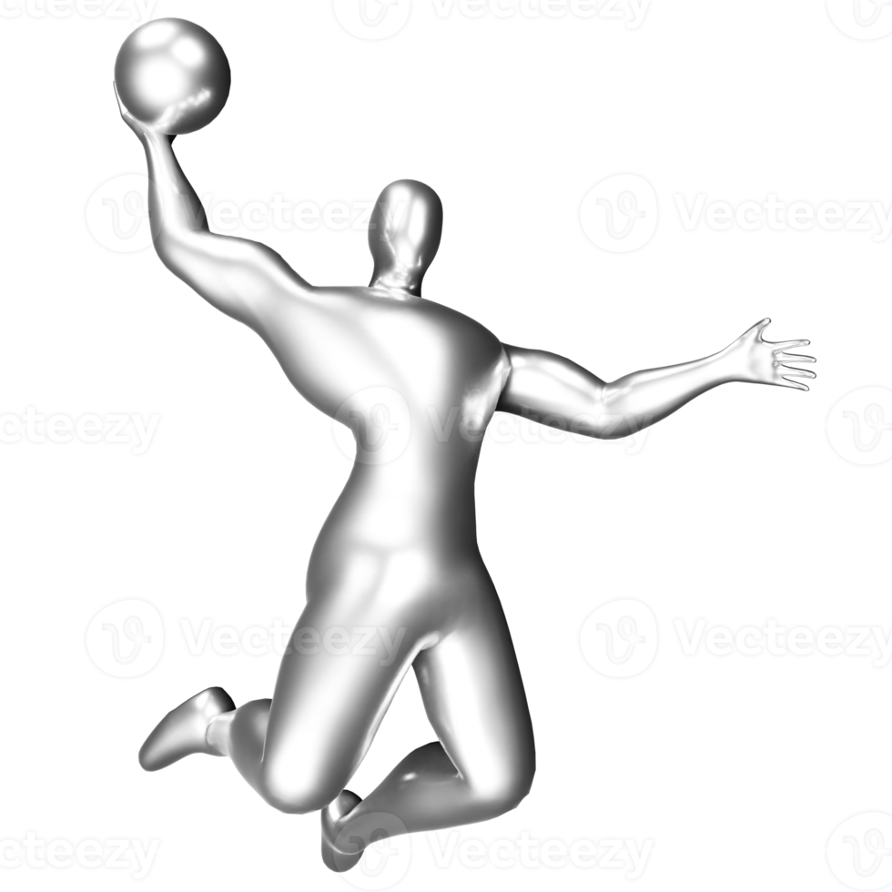 3d silver basketball player figure doing slam dunk pose. png