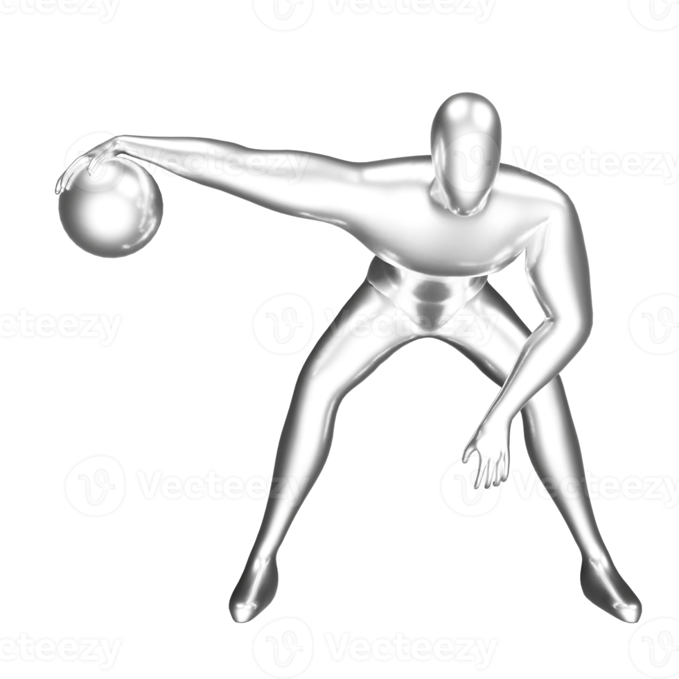 3d silver basketball player figure doing dribble pose. png