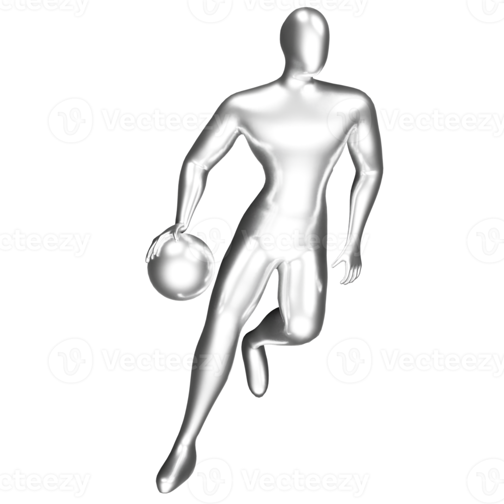 3d silver basketball player figure doing dribble pose. png