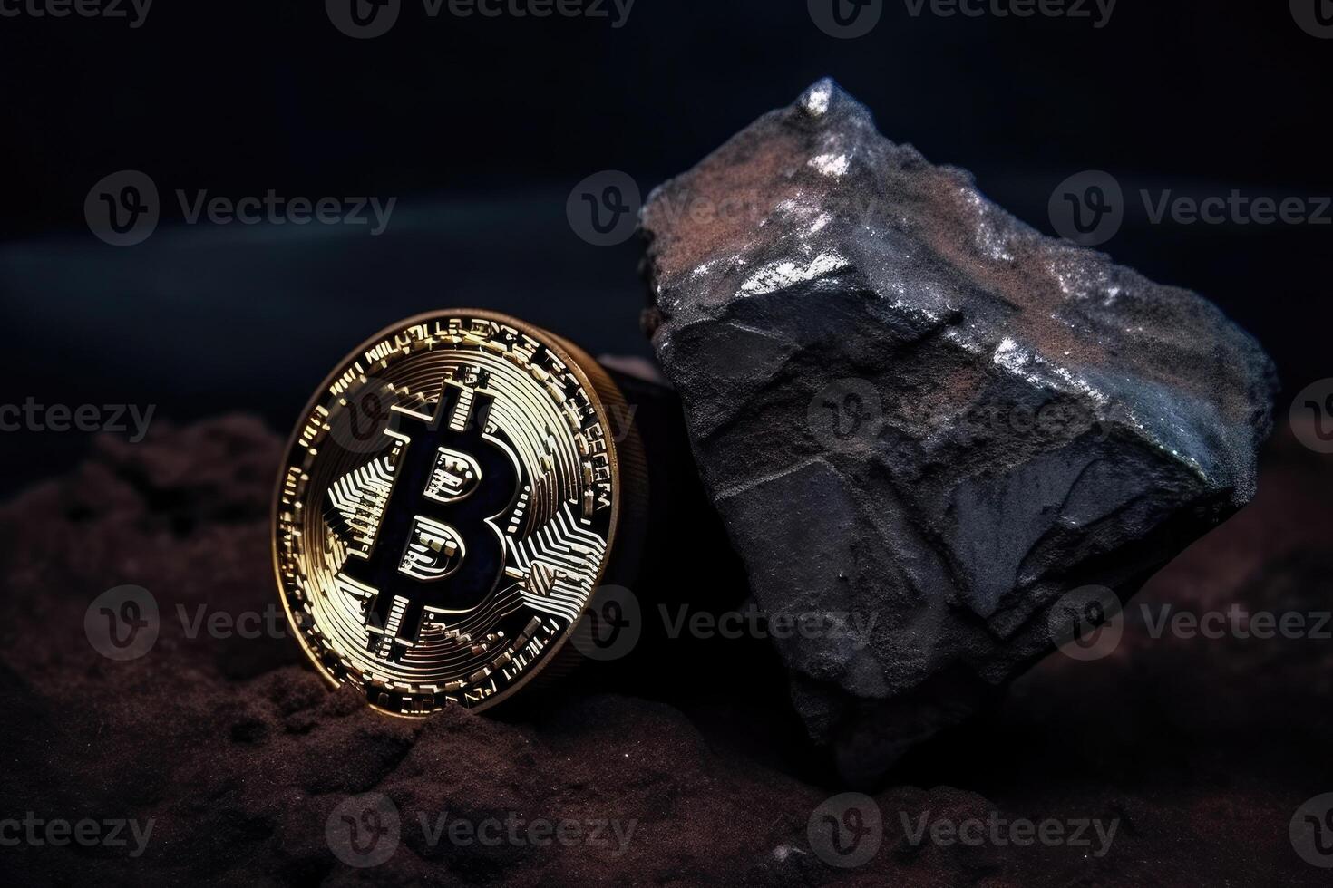 Bitcoin crypto currency mined directly from ore created with technology. photo