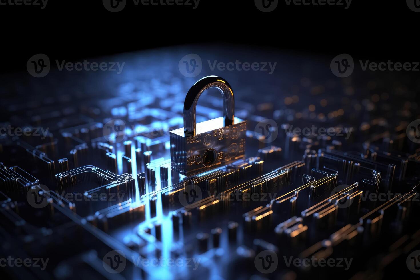 A lock on a cyber security background prevents hacking in the network created with technology. photo
