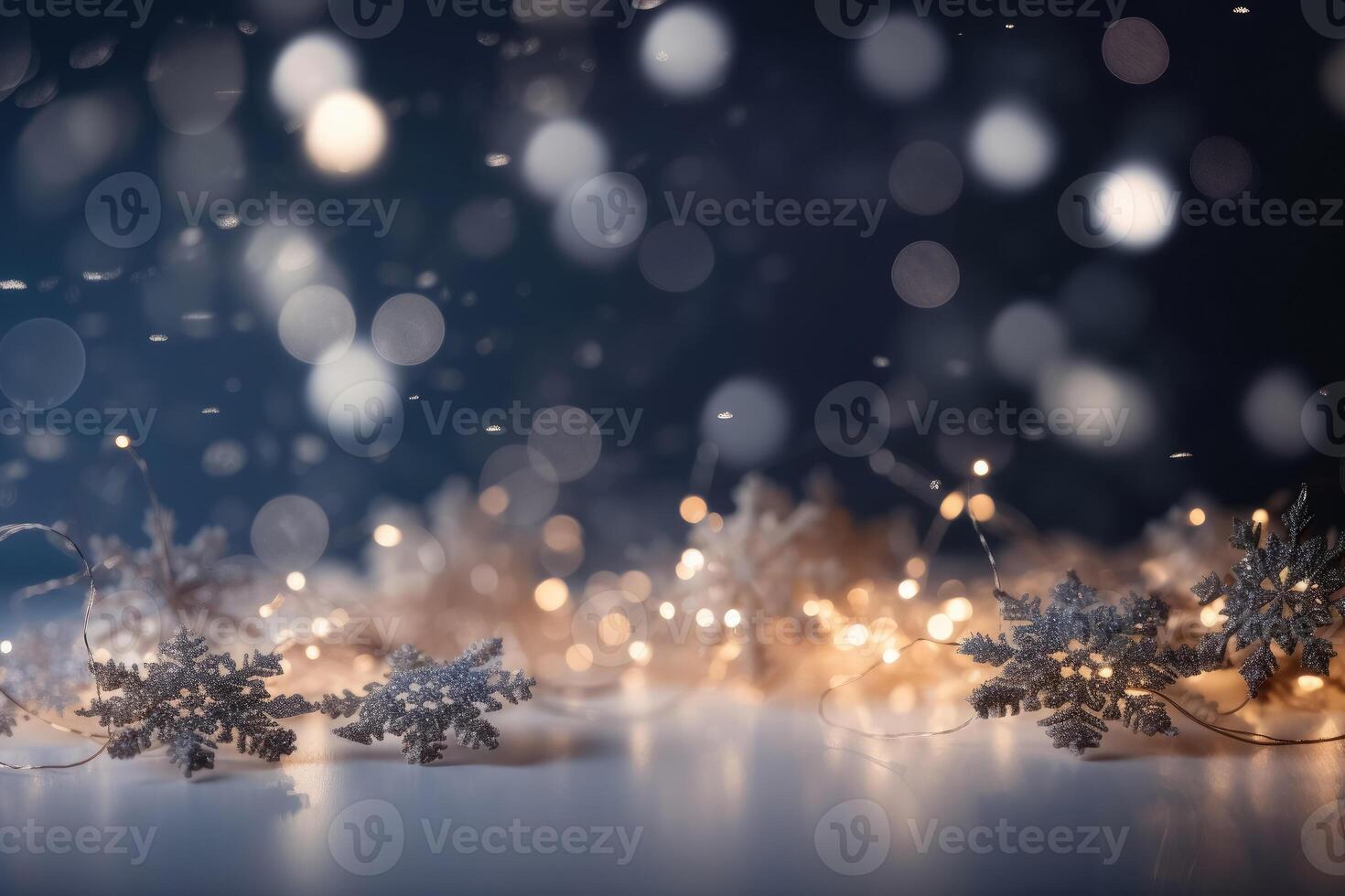 A beautiful christmas background with stars and snowflakes and soft bokeh lights on a light background created with technology. photo