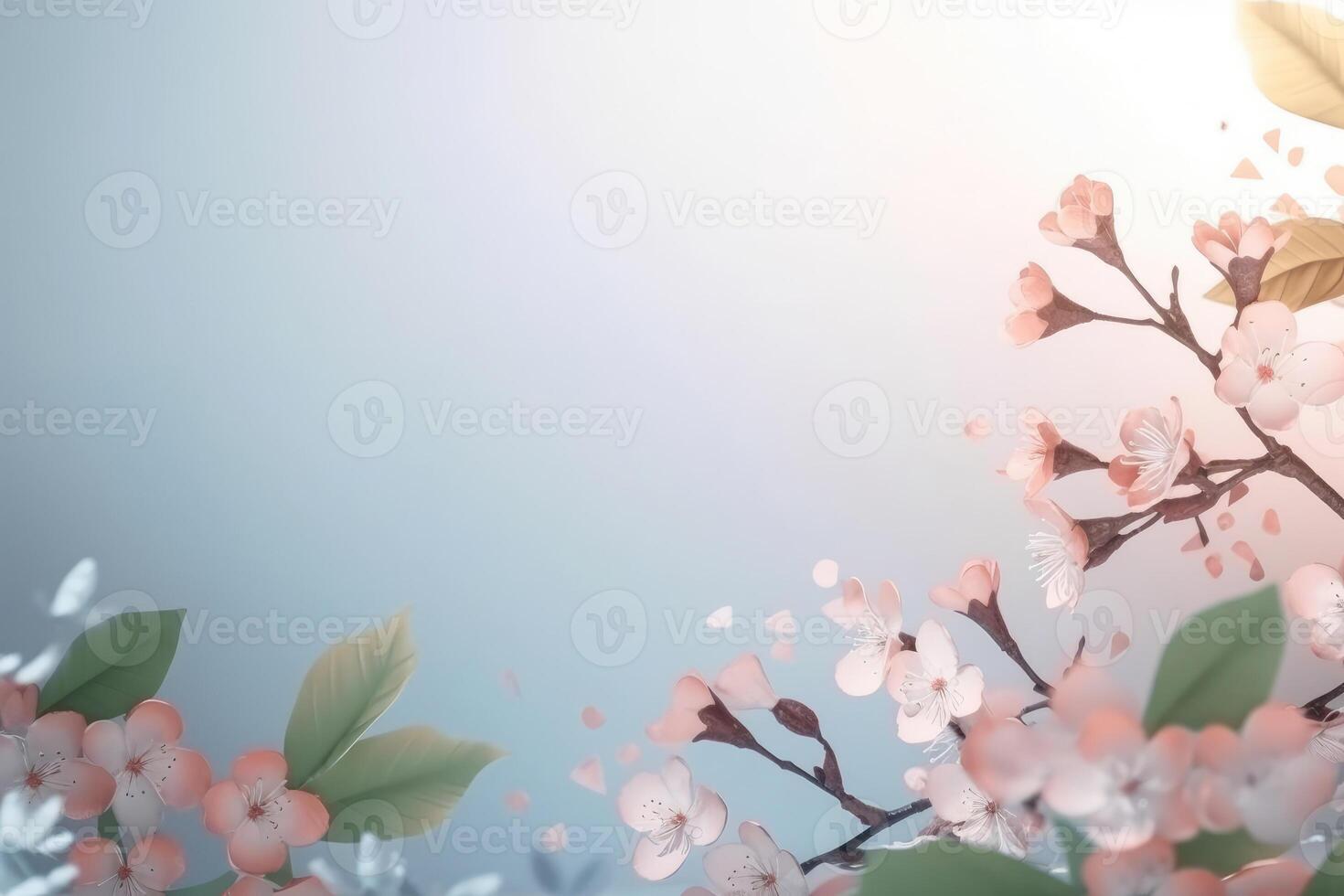 A beautiful spring background with leaves and little flowers on a light background created with technology. photo