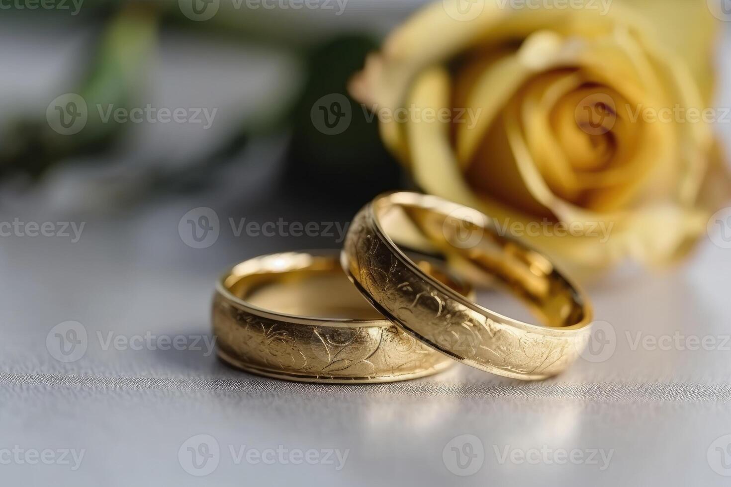 Two wedding rings made of gold on a light surface with some roses created with technology. photo