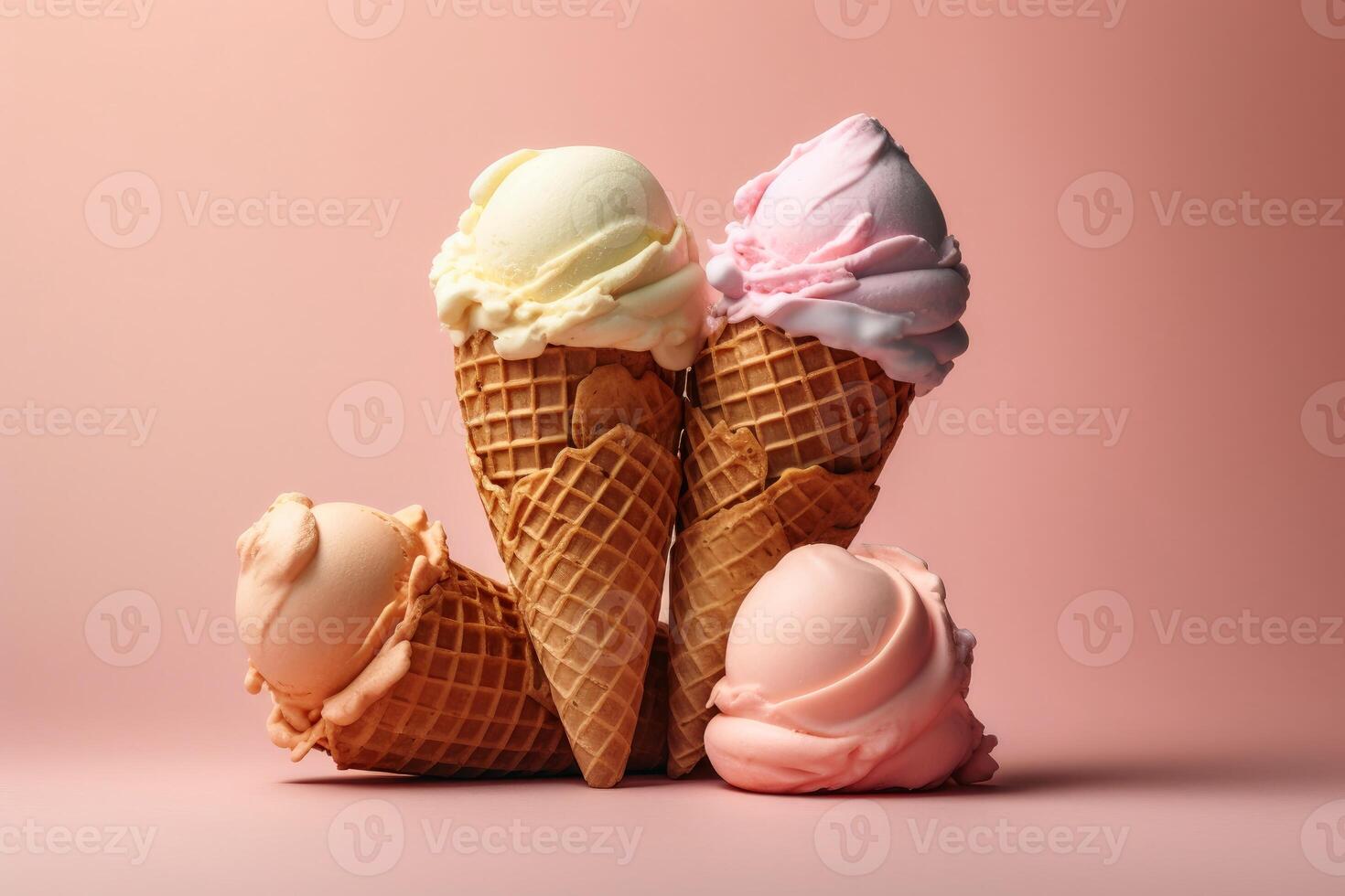 Delicious ice cream cones with several ice cream scoops against a pastel colored background created with technology. photo