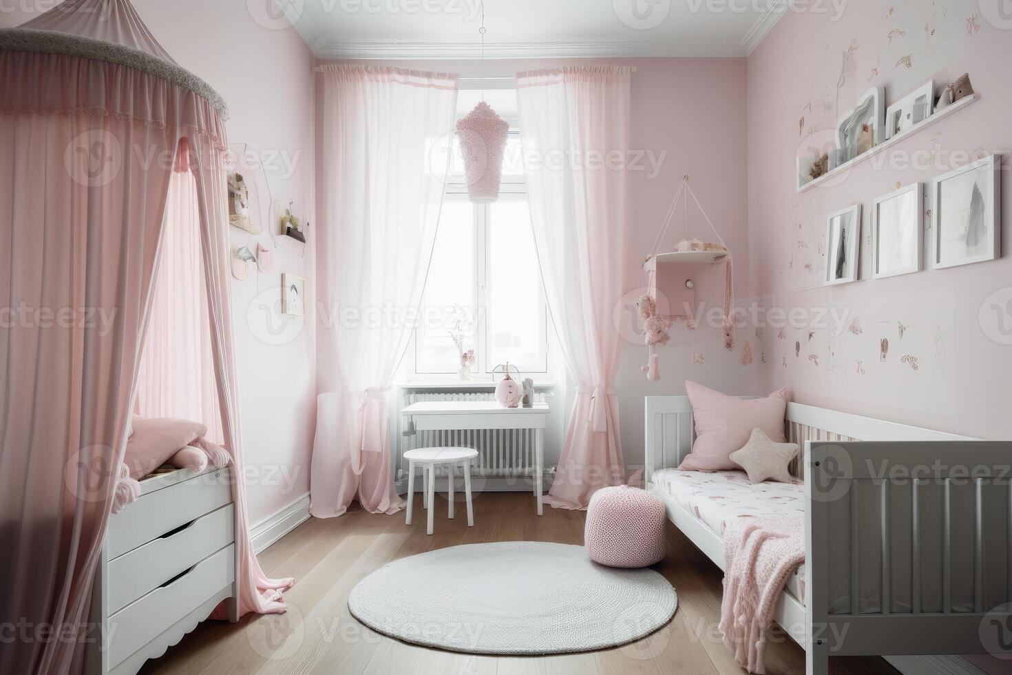 A babys room in pastel pink created with technology. photo