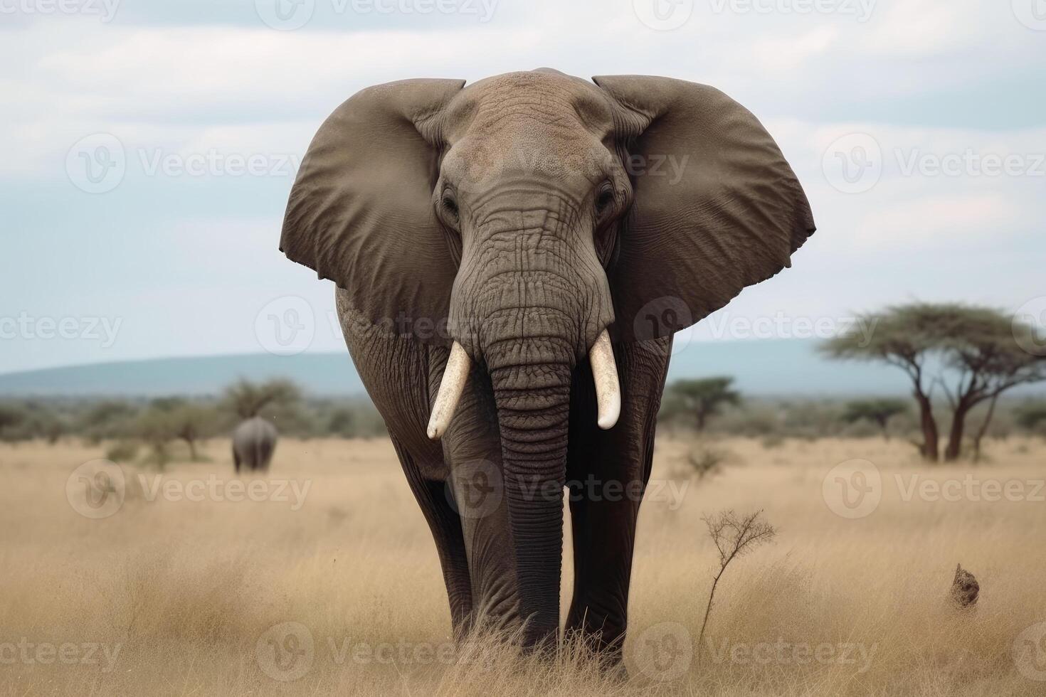 A big elephant bull in the savannah created with technology. photo