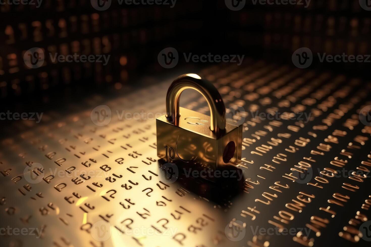 A lock on a cyber security background prevents hacking in the network created with technology. photo