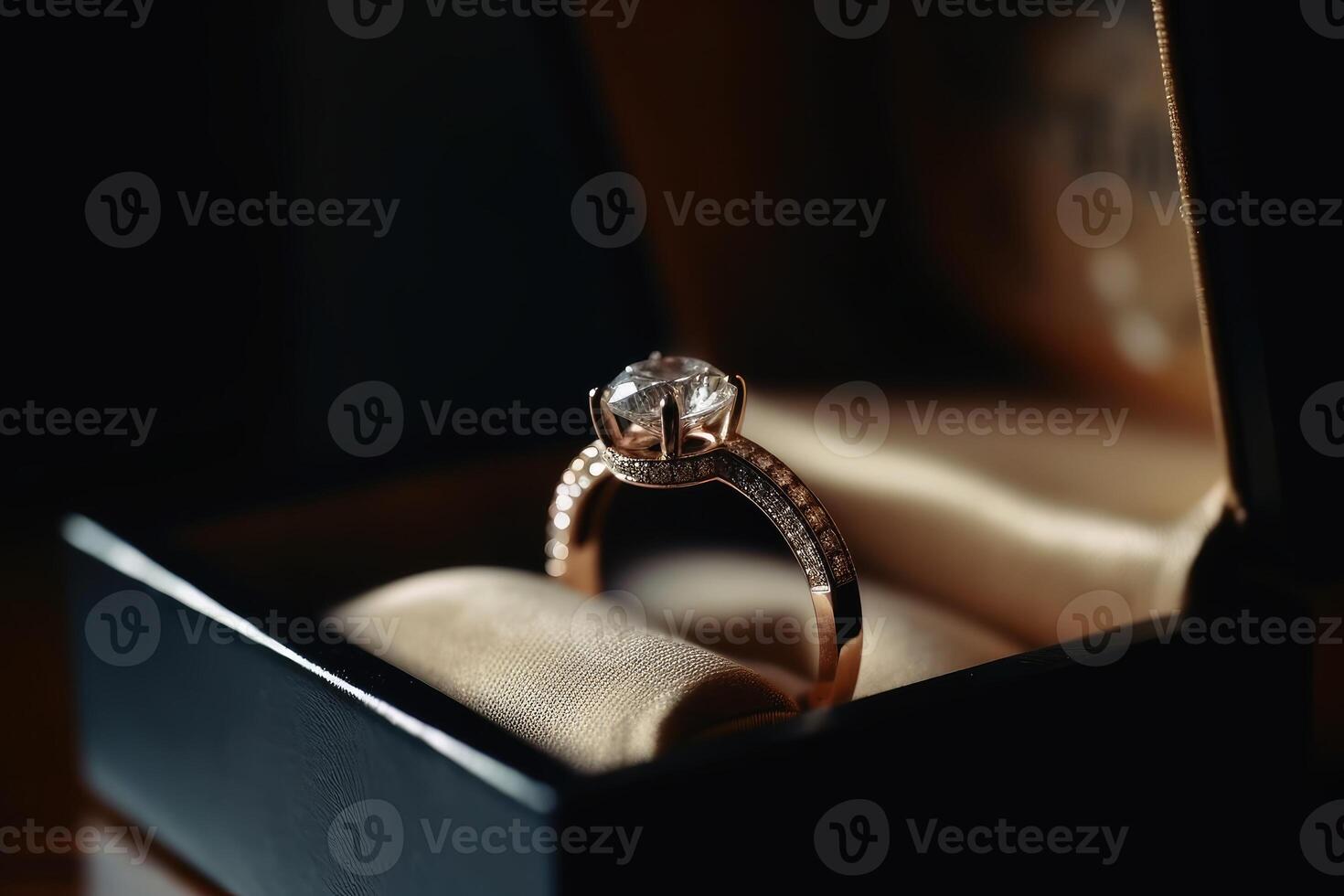 A beautiful wedding ring in the box with sparkling light created with technology. photo