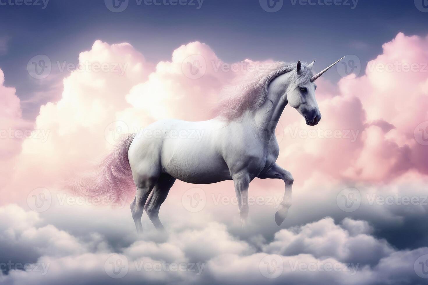 A beautiful unicorn surrounded by soft clouds created with technology. photo