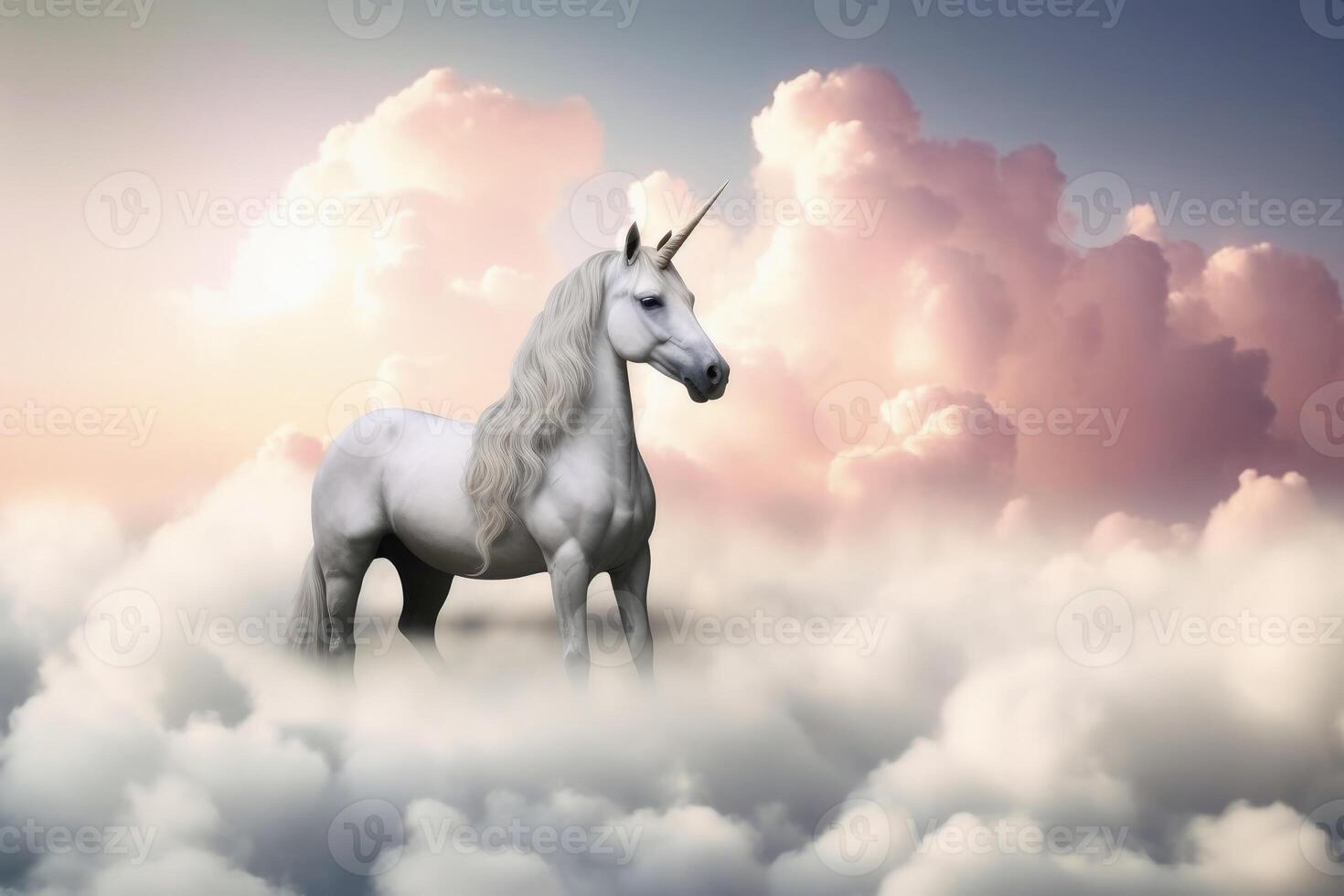 un hermosa unicornio rodeado por suave nubes creado con generativo ai tecnología. foto
