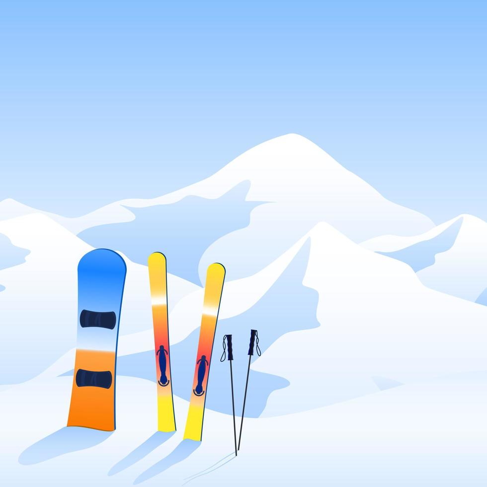 Ski resort. Extreme activity banner. Skiing and snowboard on hillside and mauntins landscape. Vector