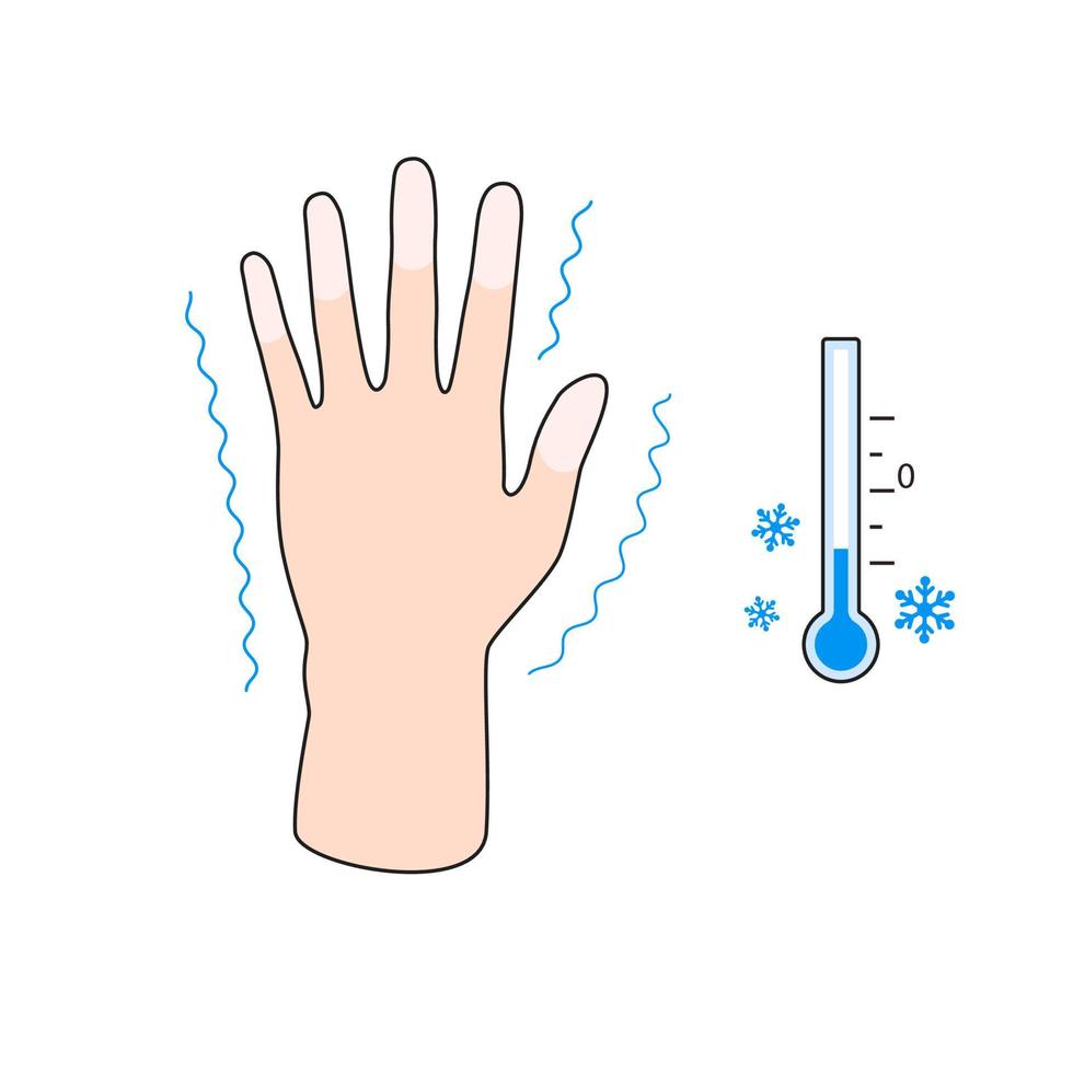 Frostbite. Hand with frostbite symptoms. Effect of cold on human fingers. Vector illustration