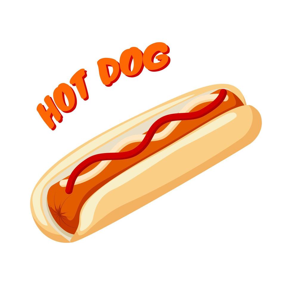 caliente perro con un pan salchicha salsa de tomate y mostaza. rápido comida bandera. vector ilustración aislado en blanco