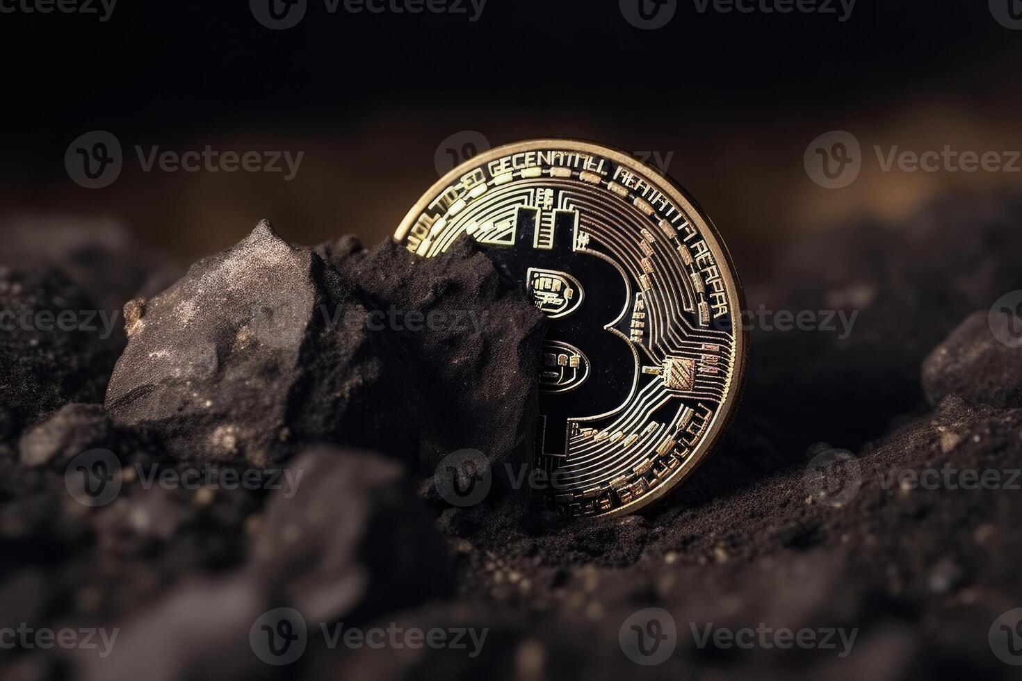 Bitcoin crypto currency mined directly from ore created with technology. photo