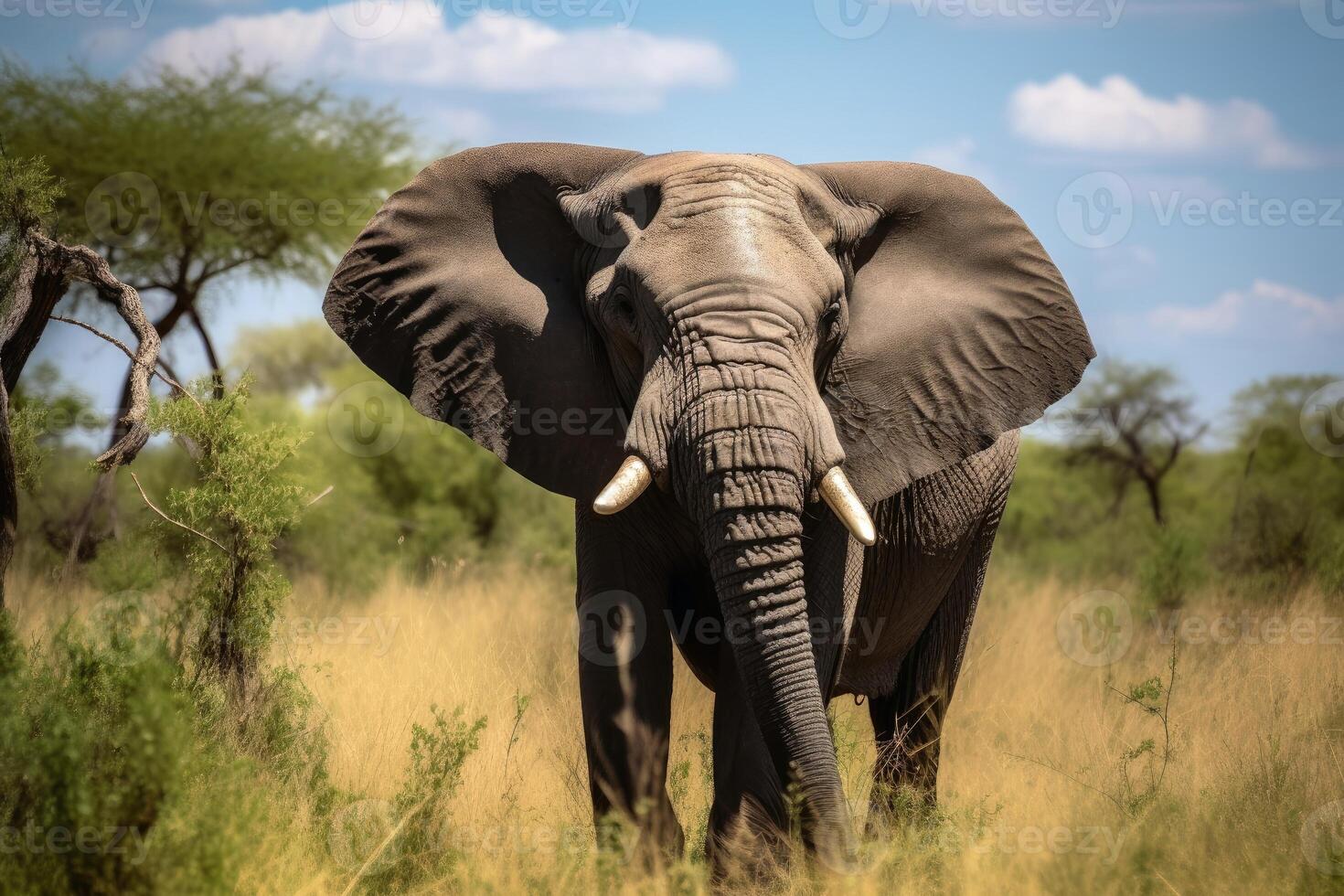 A big elephant bull in the savannah created with technology. photo