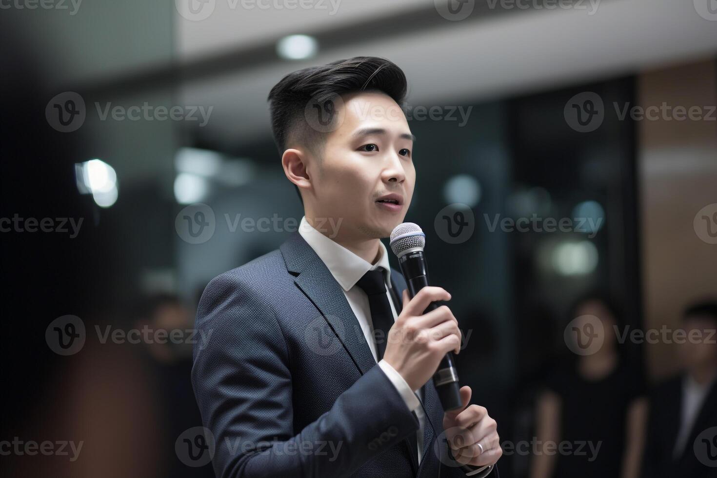 A man holding mic public speaking in front of the audience. realism created with AI tools photo