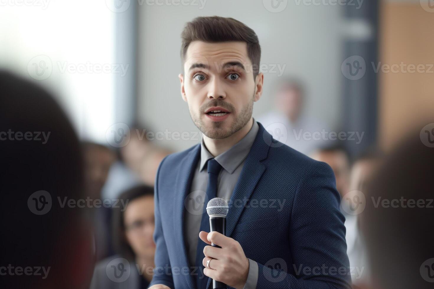 A man holding mic public speaking in front of the audience. realism created with AI tools photo