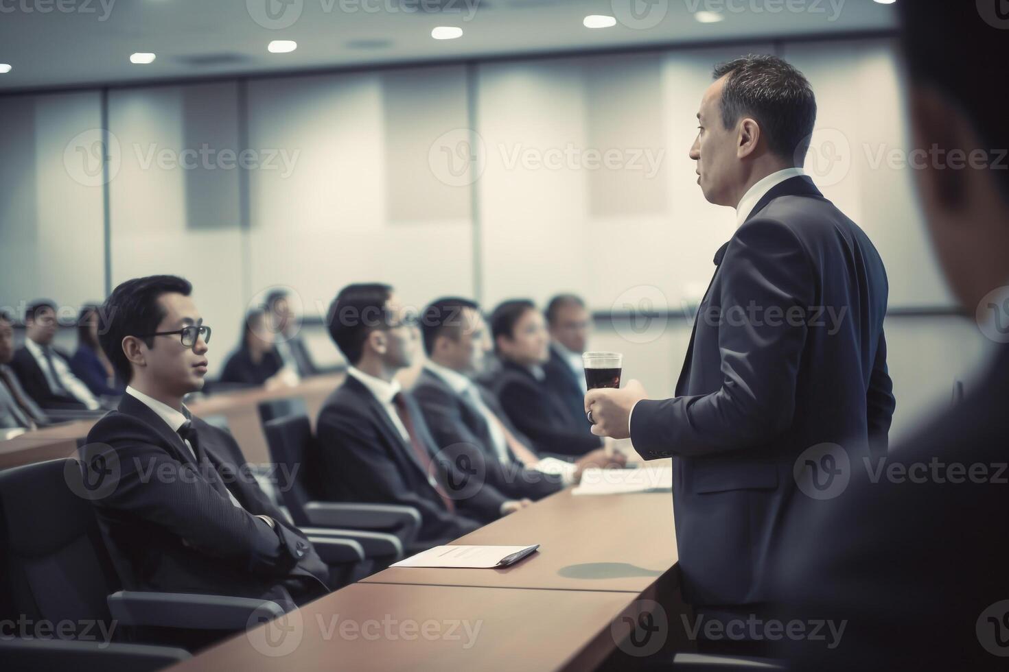 A man holding mic public speaking in front of the audience. realism created with AI tools photo