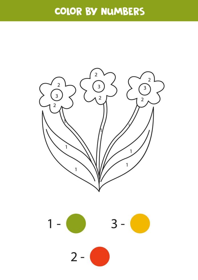 color dibujos animados flores por números. hoja de cálculo para niños. vector