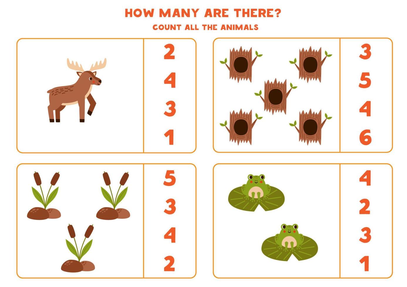 Counting game with cute woodland animals. Educational worksheet. vector