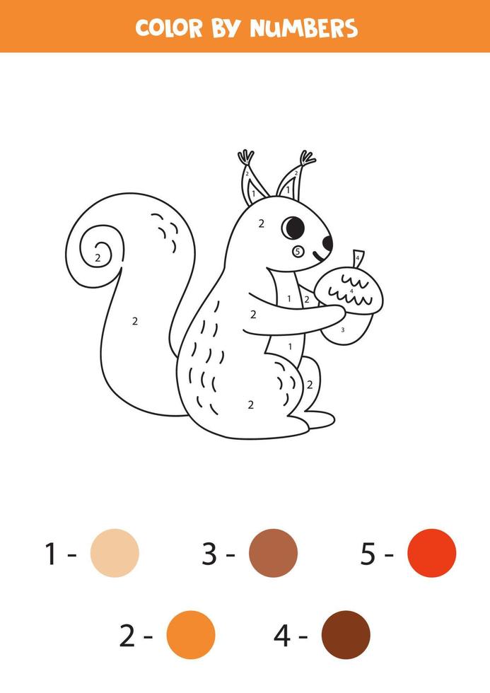 Color cartoon squirrel by numbers. Worksheet for kids. vector