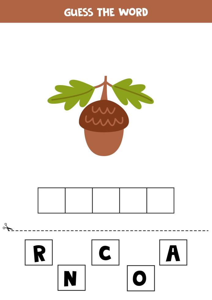 Spelling game for preschool kids. cute cartoon acorn. vector