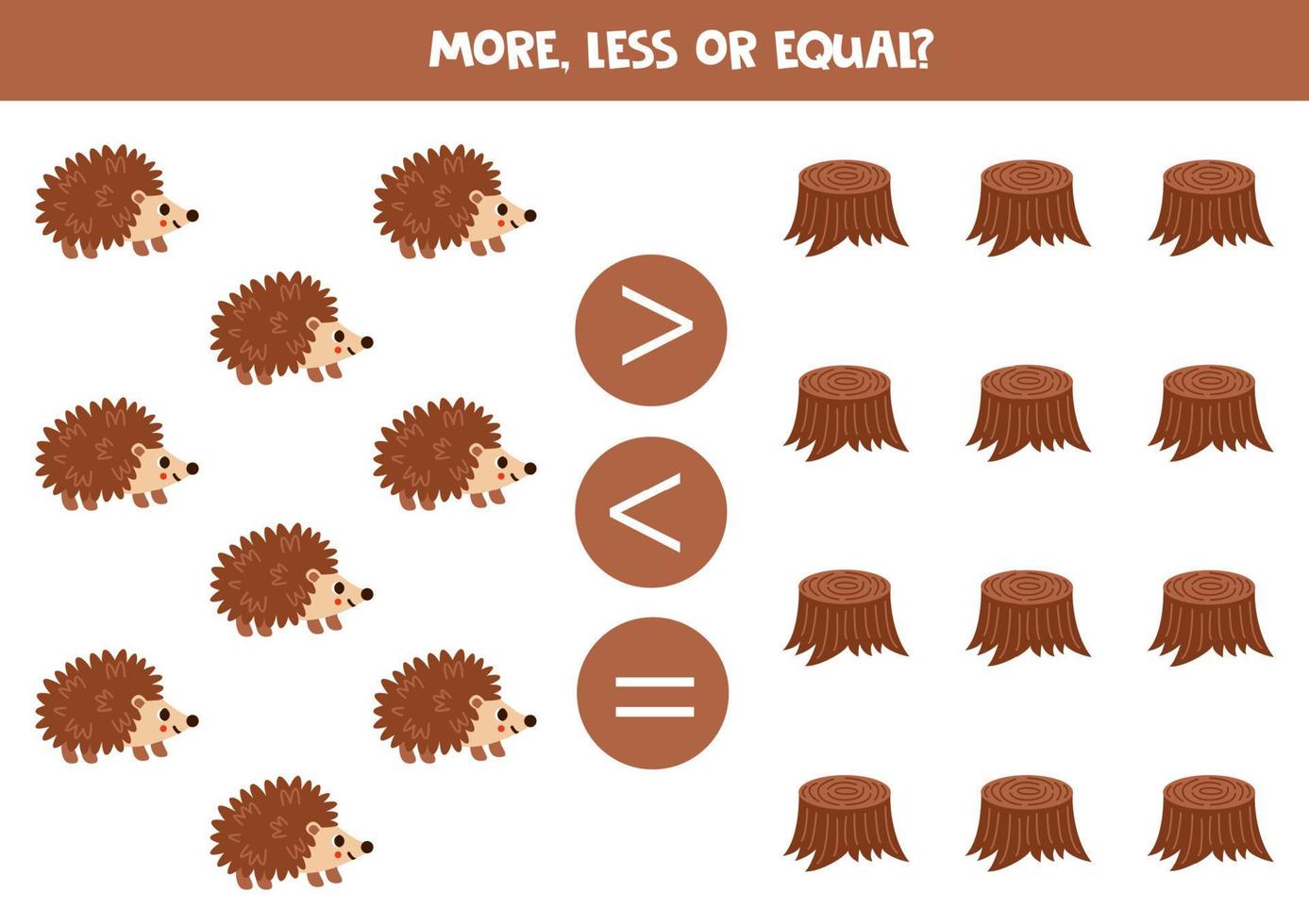 More, less or equal with cartoon hedgehogs and stumps. vector