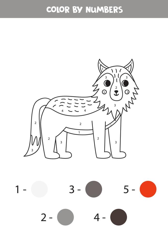 Color cartoon wolf by numbers. Worksheet for kids. vector