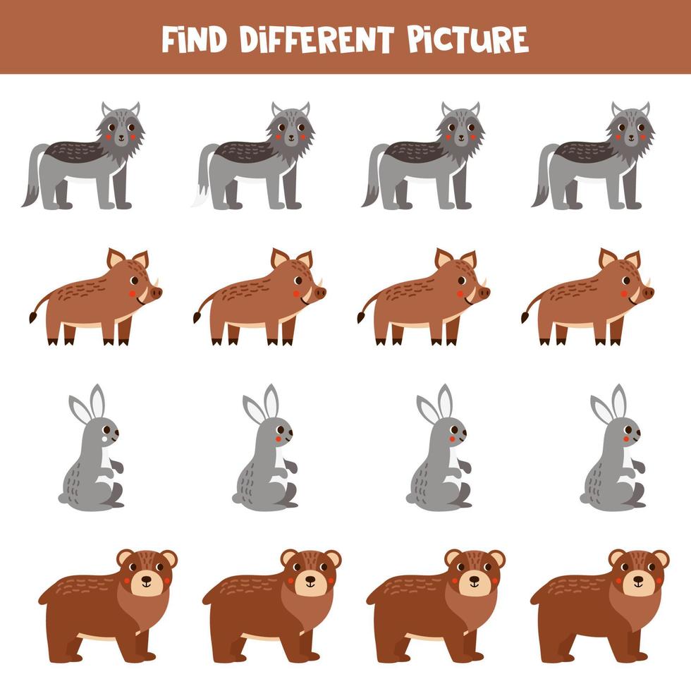 Find different woodland animal in each row. Logical game for preschool kids. vector